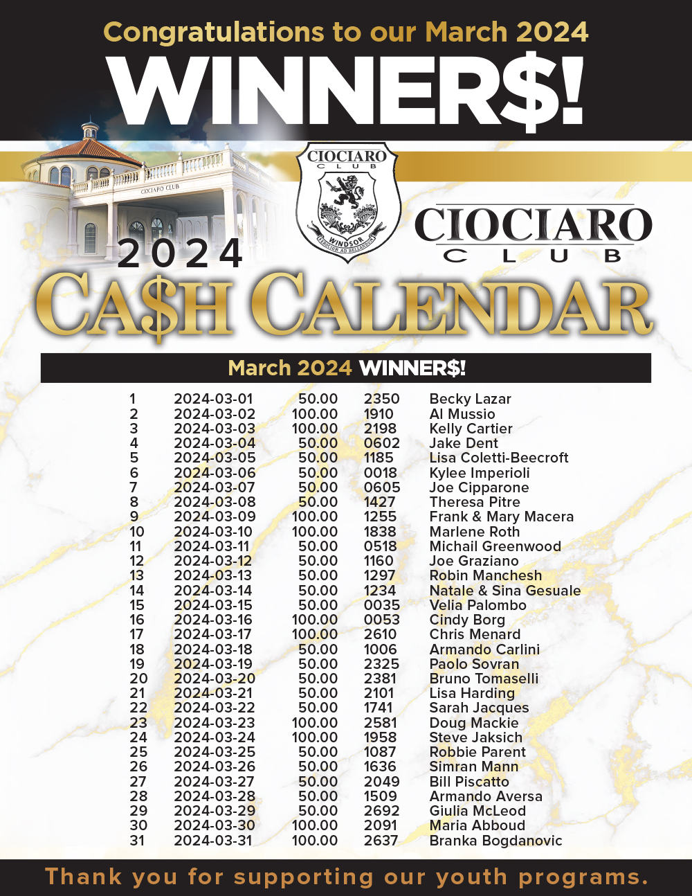 2024 CASH CALENDAR Youth & Culture Ciociaro Club Weddings